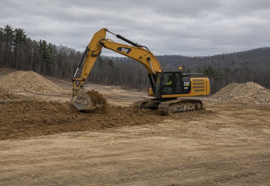 Excavator grading a cleared building site with stockpiled fill material