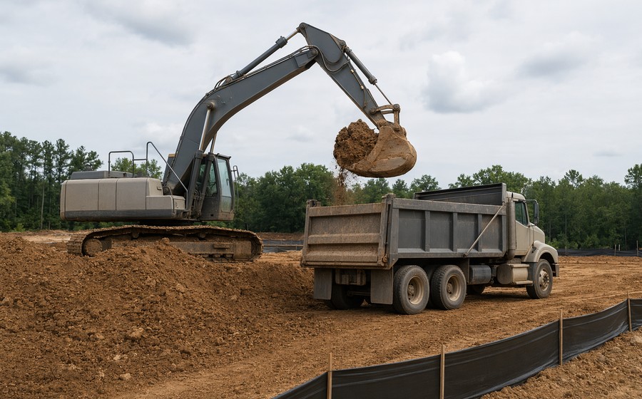Excavator loading clean fill dirt for site grading work