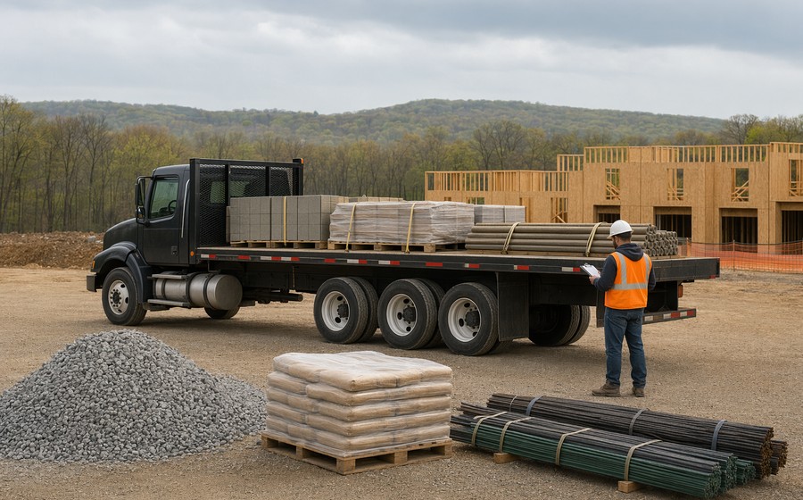 Mixed construction materials staged for a multi-material jobsite delivery