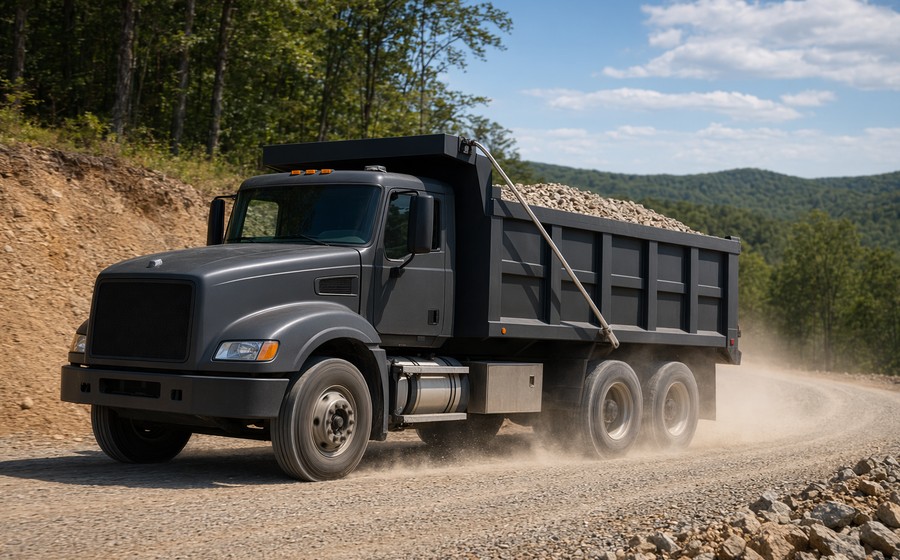 Tandem dump truck hauling bulk material along a jobsite access road